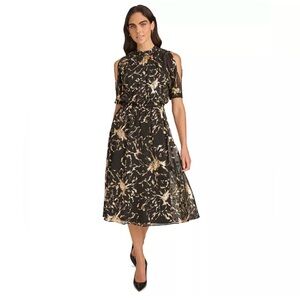 Calvin Klein Women's Printed Cold-Shoulder A-Line Dress New Black/Gold